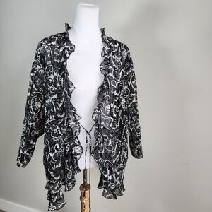 NY Collection Black White Crinkle Chiffon Shirt Womens 3X Beachy Vacation Resort